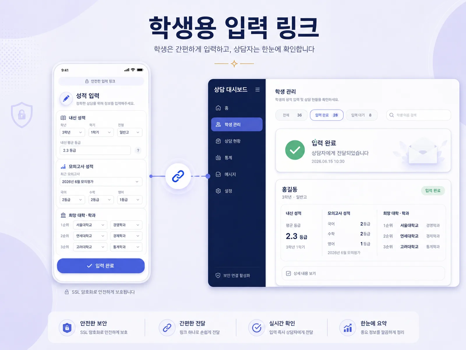 학생은 링크로 간편하게 입력하고 상담자는 대시보드에서 한눈에 확인하는 화면